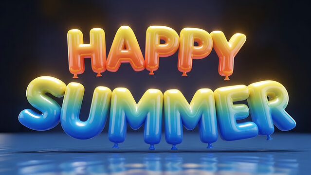 Happy Summer vibrant balloon text with glowing gradient colors on a reflective surface, 3D render. - Powered by Adobe