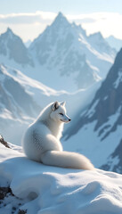 An arctic fox sits alone on a snow-capped mountain against the backdrop of magnificent peaks.