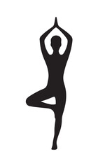 Fototapeta premium Silhouette of person in tree yoga pose with hands together overhead