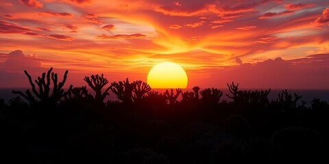 Intricate silhouettes of diverse coral formations against a vibrant sunset,  environment,  silhouette