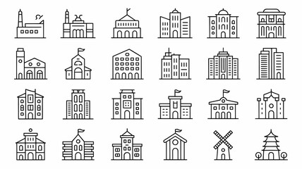 Minimalist Building Line Icons — Clean Modern Thin-Stroke Illustrations for Architecture, Cityscape, and Educational Designs.
