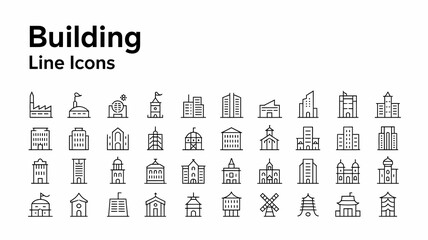 Minimalist Building Line Icons — Clean Modern Thin-Stroke Illustrations for Architecture, Cityscape, and Educational Designs.