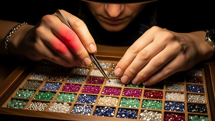 Jeweler's hands meticulously sorting colorful precious gemstones in a tray with tweezers and focused light, showcasing craftsmanship.