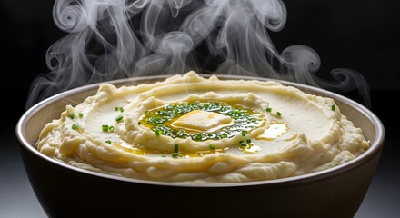 Comfort food craving satisfied with a steaming bowl of mashed potatoes, melted butter, and fresh chives perfect for holiday feasts and cozy dinners