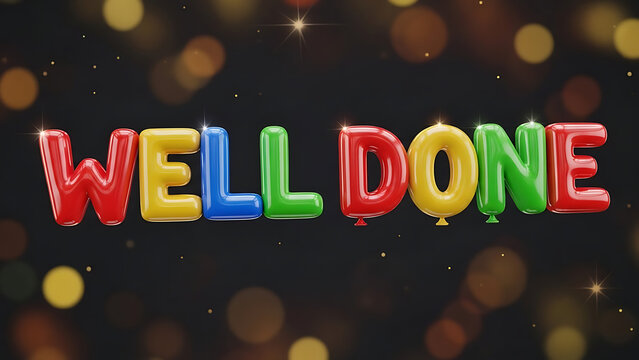 Well Done message with colorful shiny balloon letters on a dark bokeh background, celebrating achievement and success - Powered by Adobe