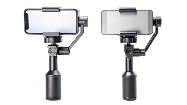 Two smartphone camera gimbals for video stabilization isolated on transparent background