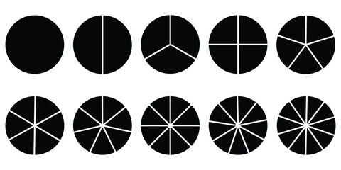Pie chart color icons. Segment slice sign. Circle section graph. 1,2,3,4,5,6,7,8,9,10, segment infographic. Pie chart set. Wheel round diagram part symbol. Three phase, six circular cycle.