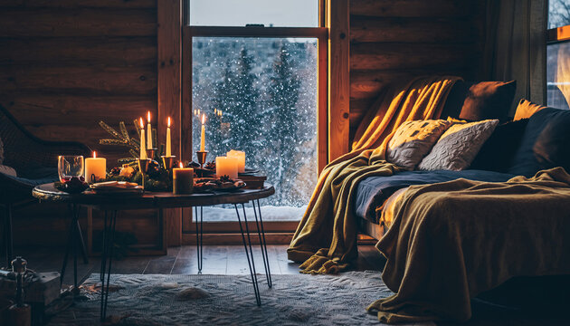 Cozy winter cabin living room with candlelit warmth and rustic decor