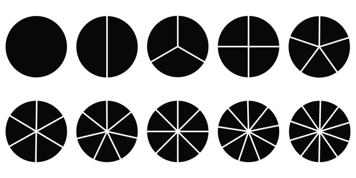 Pie chart color icons. Segment slice sign. Circle section graph. 1,2,3,4,5,6,7,8,9,10, segment infographic. Pie chart set. Wheel round diagram part symbol. Three phase, six circular cycle.