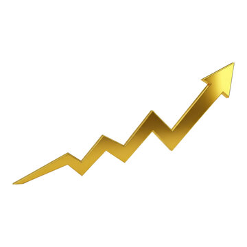 Golden zigzag arrow graph showing upward trend isolated on transparent background