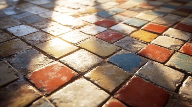 Closeup of an old, weathered tiled floor with colorful, irregular squares illuminated by sunlight, creating a textured pattern