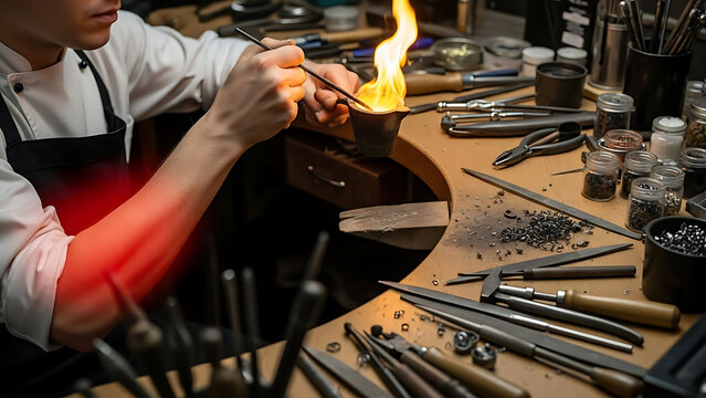 Skilled Jeweler Melting Metal with Torch at Workbench, Crafting Precious Objects with Precision Tools