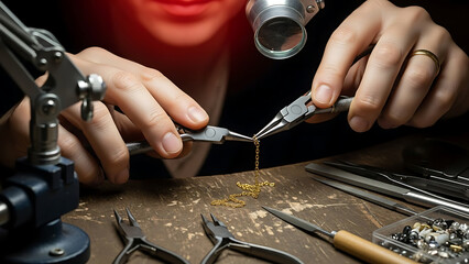 Artisan hands crafting jewelry with precision tools and magnifying loupe on a workbench, focusing on intricate detail.