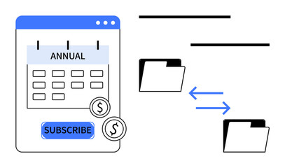 Calendar with Annual plan and subscribe button next to file folders showing data transfer arrows. Ideal for subscriptions, payments, cloud storage, file sharing, finance, technology, productivity