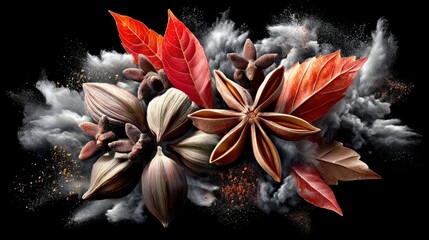 A dramatic composition of star anise, cardamom pods, and red autumn leaves exploding in a cloud of white and brown powder against a stark black background.