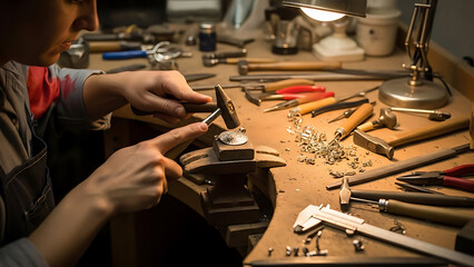 Close-up of artisan hands meticulously crafting metal jewelry at a traditional workbench with tools under focused light.