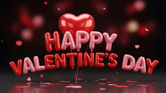 Happy Valentine's Day balloon text with heart on a dark background - Powered by Adobe