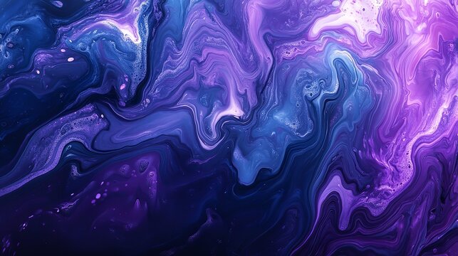 Vibrant abstract fluid art background with swirling purple and blue liquid paint creating an ethereal cosmic texture