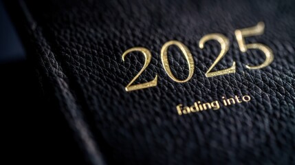 Fading Into 2025 Gold Embossed Text on Textured Black Leather Surface