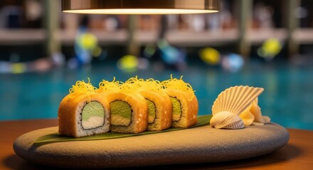 Japaneese cheesecake delicious sushi roll with avocado and cream cheese filling, topped with crispy noodles and served with ginger on a stone plate in a restaurant with a blurred background