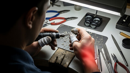 Craftsman experiencing wrist pain while performing intricate work with precision tools, highlighting occupational health and repetitive strain injury.