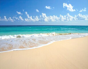 Sunny Beach with Turquoise Water and White Sand Under a Blue Sky with Clouds Caribbean Tropical Beach Scene Coastline Holiday Paradise at Daytime
