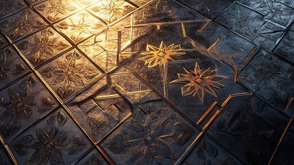 Ornate textured floor tiles with intricate floral patterns illuminated by warm light and shadows
