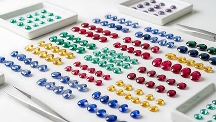 Assortment of colorful polished gemstones arranged in rows, including blue, red, yellow, green, and purple cabochons