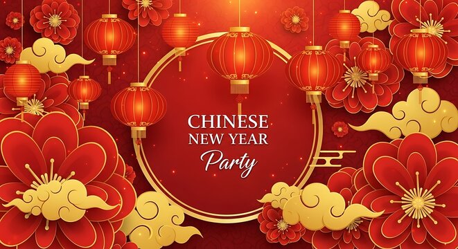 Vibrant chinese new year party background with traditional red lanterns, auspicious golden clouds, and intricate papercut flowers, celebrating the lunar new year festivities and asian culture - Powered by Adobe