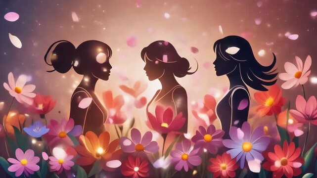 Graceful women silhouettes emerging from blooming flowers cinematic powerful feminine visual story concept
