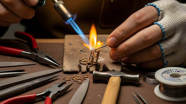 Close-up of jeweler's hands soldering intricate metal jewelry with a torch, showcasing craftsmanship in a workshop.