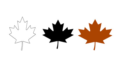 Fototapeta premium Maple leaf vector icon set in outline, black silhouette, and fall colors, illustration for Canada, autumn, nature, symbol, and seasonal design.