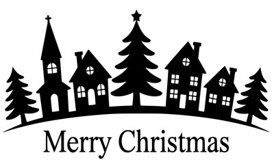 Monochrome silhouette of a Christmas village with church, houses, and pine trees, festive illustration with "Merry Christmas" text for holiday greeting and design.