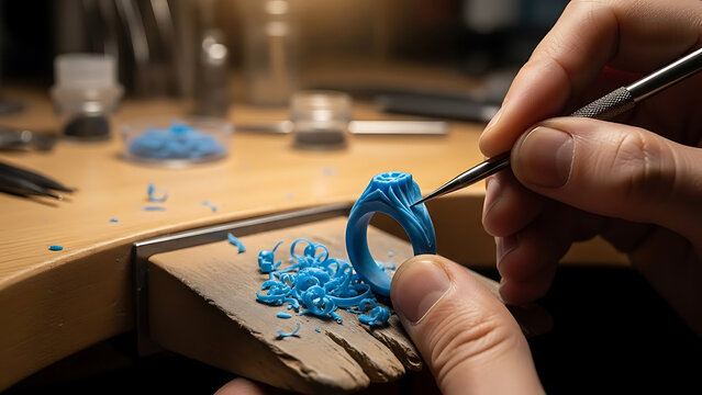 Craftsman's hands meticulously carving a blue wax ring model for custom jewelry design with precision tools