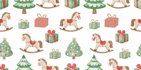 Watercolor christmas pattern with rocking horses trees and gifts