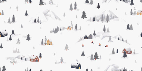 Winter landscape seamless pattern with mountains trees and houses in vector