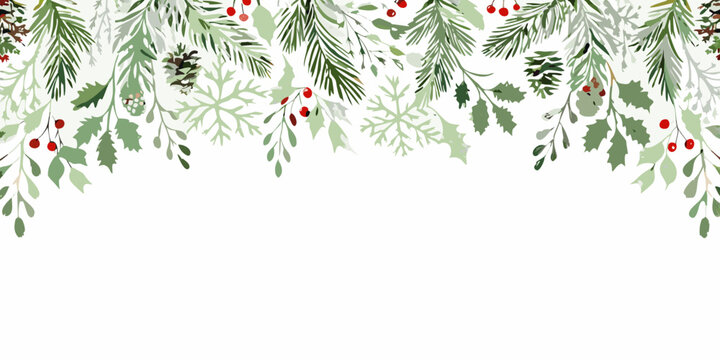 Elegant christmas foliage border with pine holly and berries on white