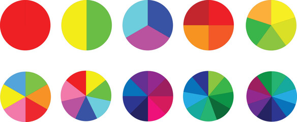 Pie chart color icons. Segment slice sign. Circle section graph. 1,2,3,4,5,6,7,8,9,10, segment infographic. Pie chart set. Wheel round diagram part symbol. Three phase, six circular cycle