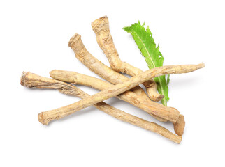 Horseradish roots with leaf on white background