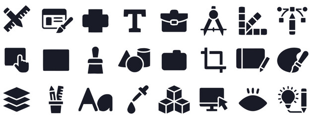 Collection of graphic design and art creation icons in dark silhouette tool