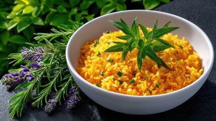 A white bowl filled with golden rice pilaf, garnished with fresh green herbs and a sprig of lavender and rosemary on the side, set against a blurred green folia