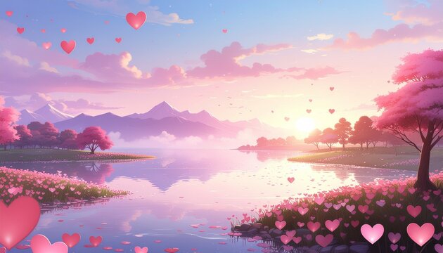 光るハートが降り注ぐ幻想的ロマンチック背景
