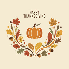 Thanksgiving pumpkin surrounded by autumn leaves and acorns festive design.