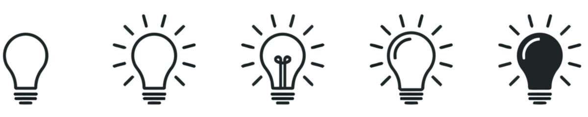 Five light bulb icons with radiating lines in black and white idea symbol