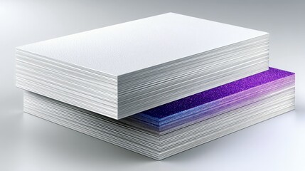 Two stacks of white paper, one with a layer of purple and blue glitter, presented on a neutral background with soft studio lighting.
