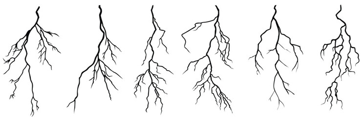 Six black lightning bolt illustrations on white background strike thunder