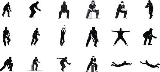 Fototapeta premium Silhouettes of a cricket player different positions of fielding on transparent background