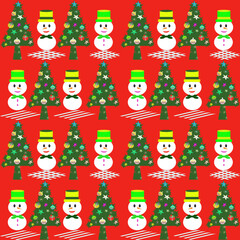 Seamless Christmas vector pattern featuring cute snowmen and decorated Christmas trees on a bright red background.