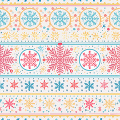 Naklejka premium Whimsical Winter Snowflakes Seamless Pattern with Pastel Colors and Festive Geometric Borders