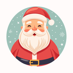 A cheerful cartoon illustration of Santa Claus's face, wearing his iconic red suit and hat, with a warm smile and twinkling eyes, set against a festive winter background with snowflakes